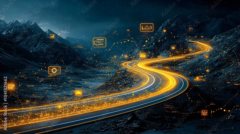 Poster illuminated mesh pattern of a winding road cutting through a mountainous landscape highlighted by gl