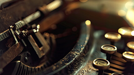 Macro Photograph of a Vintage Typewriter Key Being Pressed, with Soft Desk Lamp Lighting
