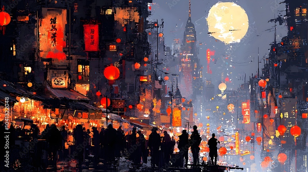 Fototapete Intricate mesh patterns and glowing lights create a captivating atmosphere in this bustling urban marketplace scene at night  The vibrant colors and dynamic energy evoke a sense of excitement and