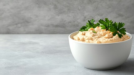 Delicious creamy hummus served in a white bowl garnished with fresh parsley on a textured background