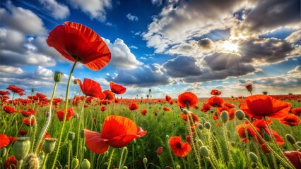 Obraz premium Vibrant field of red poppies under a blue sky with fluffy clouds and sunlight