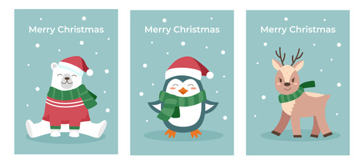 Fototapeta premium Set of Christmas posters. Christmas cards with polar bear, deer and penguin. Flat illustration. 