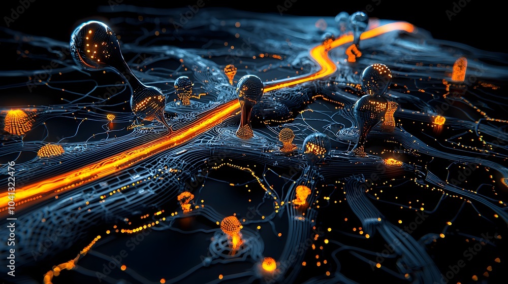 Aufkleber Luminous mesh like light trails illustrating the dynamic patterns and flow of cross border paths and population movements in an abstract technology driven visualization