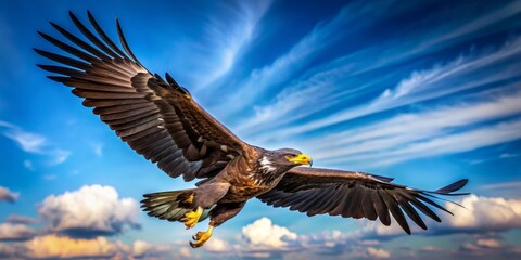 Fototapeta premium Majestic Eagle in Flight Against a Clear Blue Sky - Impressive Black Eagle with Wings Spread Wide, Perfect for Nature Themes, Wildlife Photography, and Environmental Awareness Campaigns