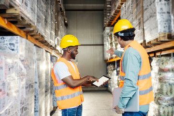 Multicultural storage staff standing at warehouse and going though checklist on tablet.