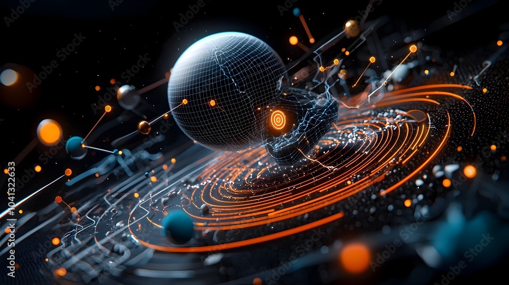 Fototapete Mesh Light Trails Showcasing Spacetime Curvature Model Around Planet   Abstract Digital of Futuristic Cosmic Visualization