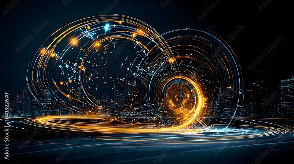 Poster mesh light trails outlining molecular bonding reactions in a luminous digital abstract composition