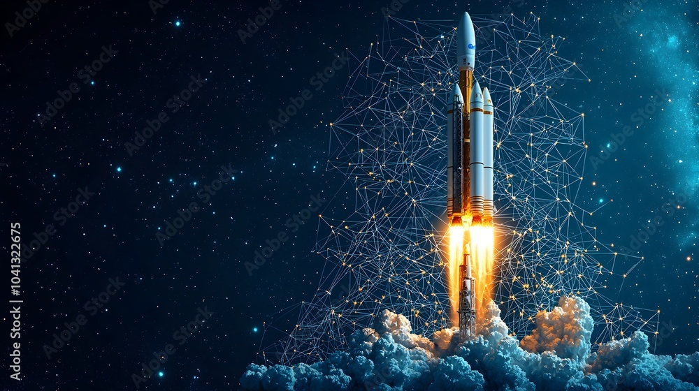Poster mesh lines abstractly tracing the dynamic trajectory of a rocket launch into the vast expanse of out
