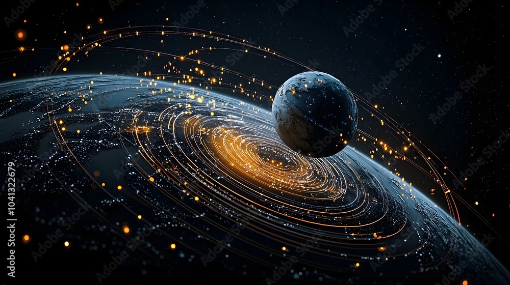 Poster Mesh Light Trails Visualizing the Curvature of Spacetime Around a Planet in an Abstract Futuristic