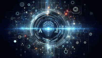 Abstract futuristic background illustration with digital technology and artificial intelligence concept. Text "AI".