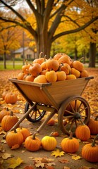 Autumn pumpkin patch with various pumpkins in a wooden cart surrounded by colorful fall leaves