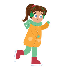 Cute girl ice skating isolated on white background. Adorable christmas print for kids. Winter outdoor activity sport vector illustration