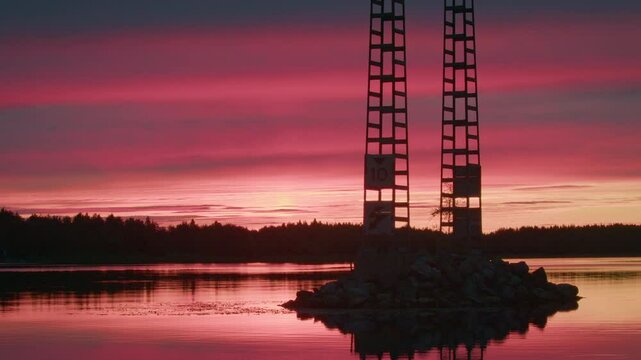 Pink Sky at Sunset and Silhouette of Power Line Tower, Midnight Sun in Pite&aring;, Sweden