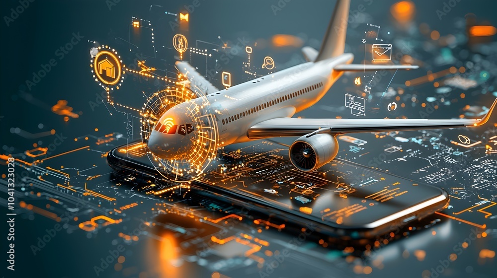 Poster Mesh Outline of a Sleek and Minimalist Travel App Interface Design with Glowing Icons for Flights Accommodations and Other Booking Features
