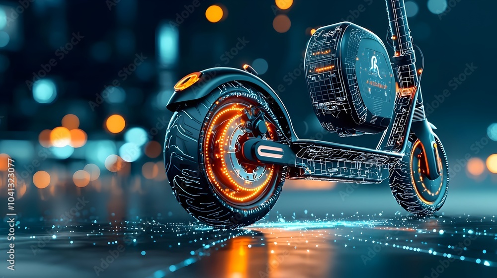 Leinwandbilder mesh outline of an electric scooter parked with intricate light patterns radiating from its form sho