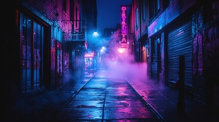 Neon Alley at Night with Fog and Lights