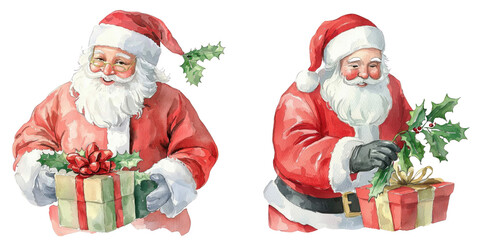 Santa Claus illustrations, cheerful holiday spirit, festive gift giving, white isolate background