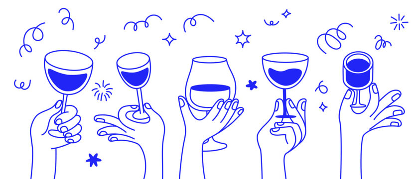 Vector simple minimal linear style illustration with cartoon hands holding wine glasses, celebration and party vibe, invitation design element, banner, template