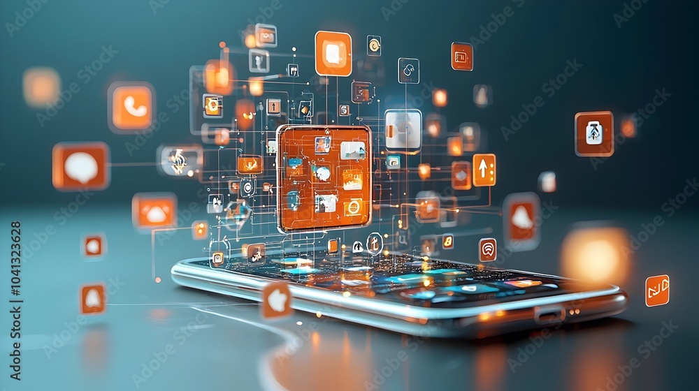 Poster Mesh Pattern of Smartphone with Floating Glowing App Icons for Futuristic Digital Technology and Mobile Device Concepts