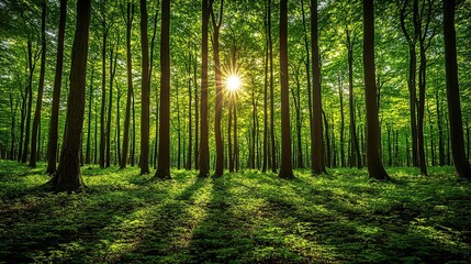 Sunbeams shine through a dense forest canopy, creating a magical, mystical atmosphere.