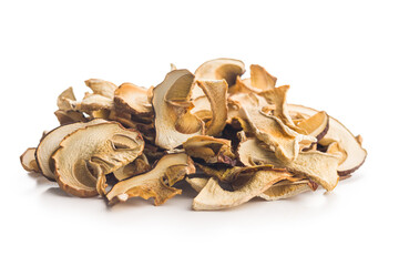 Dried porcini mushrooms. Sliced boletus isolated on white background.