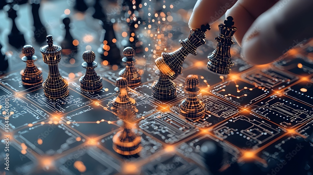 Poster mesmerizing abstract design featuring a glowing mesh chessboard with light patterns outlining each p