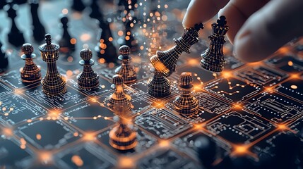 Mesmerizing abstract design featuring a glowing mesh chessboard with light patterns outlining each piece  A futuristic digital art concept showcasing the beauty of technology strategy