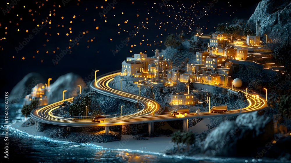 Aufkleber Mesmerizing digital depicting a coastal highway at night with glowing mesh lines and sparkling waves creating a captivating and serene landscape