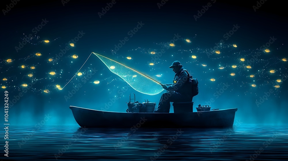 Poster mesmerizing glowing mesh fishing line cast into shimmering water pattern with captivating luminous r