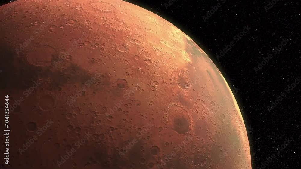 Poster mars planet rotating in its own orbit in outer space.