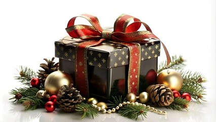 Christmas black gift box with ribbon bow, festive gold decor on glamour golden sparkling glitter bokeh. Merry Christmas and Happy New Year greeting card, seasonal winter holiday luxury set.