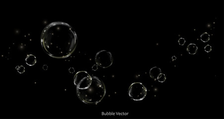 Bubble PNG. Set of realistic soap bubbles. Bubbles are located on a transparent background. Vector flying soap bubbles. Water glass bubble realistic png