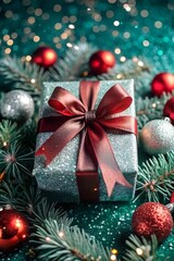 Christmas silver gift box with ribbon bow, festive set decor on glamour sparkling glitter bokeh. Merry Christmas and Happy New Year greeting card, seasonal winter holiday luxury collection.