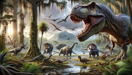 Obraz premium Realistic Digital Artwork of a Prehistoric Scene with Roaring Tyrannosaurus Rex, Grazing Herbivorous Dinosaurs, Lush Swampy Landscape, Flying Pterosaurs, and Distant Mountain Range
