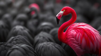 Fototapeta premium red flamingo among black ones 