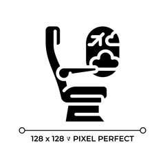 Airplane passenger seat black glyph icon. In-flight comfort. Seating arrangements. Travel experience. Window seat. Silhouette symbol on white space. Solid pictogram. Vector isolated illustration