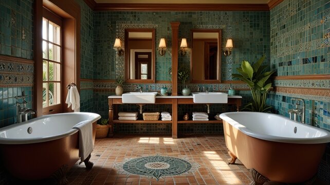 A luxurious bathroom with two freestanding bathtubs, a double vanity with sinks, and a tiled floor. The walls are covered in blue and green tiles and there are two mirrors hanging above the vanity. - Powered by Adobe