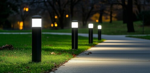 Black metal LED bollard lights for parking lots, outdoor lighting, and low ground post lights  in...