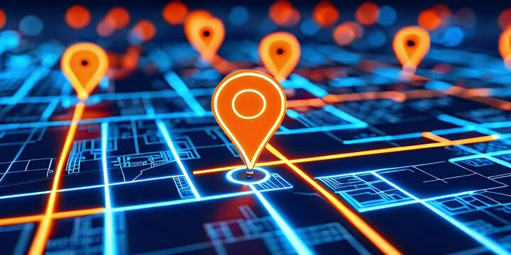 Orange glowing location marker on blue digital map.