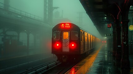 Fototapeta premium Train Station in Foggy City at Night