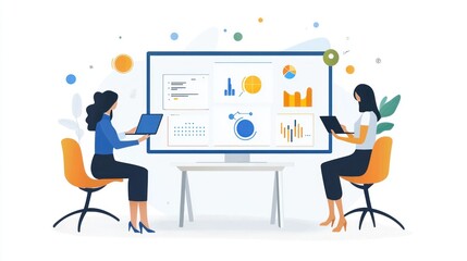 Fototapeta premium Two women are sitting at a desk in front of a large monitor