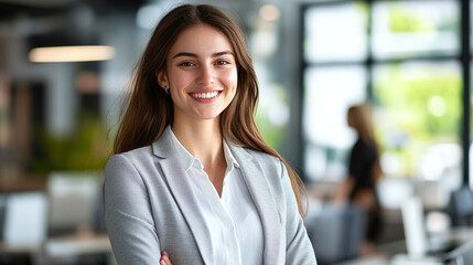 Fototapeta premium Portrait of young smiling beautiful businesswoman in light suit in office workroom