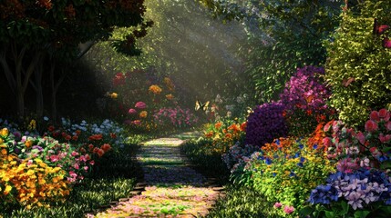 Obraz premium Secret Garden Haven: A Tranquil Pathway of Blooms and Greenery