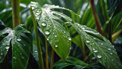 Fototapeta premium Raindrops, water on green tropical leaves. Natural background.