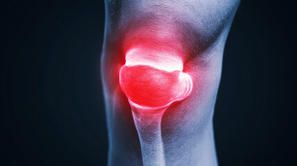 A detailed illustration of a human knee joint, highlighting pain and inflammation with a glowing red effect against a dark background.
