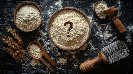 A bowl of flour with a question mark on a black surface, surrounded by other baking ingredients.