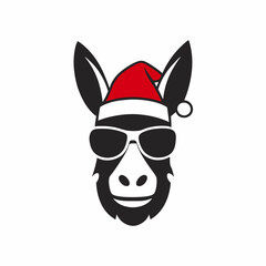 A Head of a donkey with a Santa hat and sunglass logo icon, silhouette style, minimalist, white background 