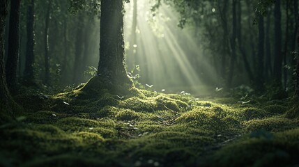 Obraz premium Serene Sunbeams in a Lush Green Forest