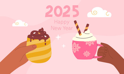 Vector illustration. Hands of people with hot drinks. People celebrate Christmas