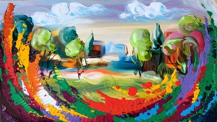 Abstract Colorful Painting of Blurred Background with Trees, Leaves, Vibrant Colors